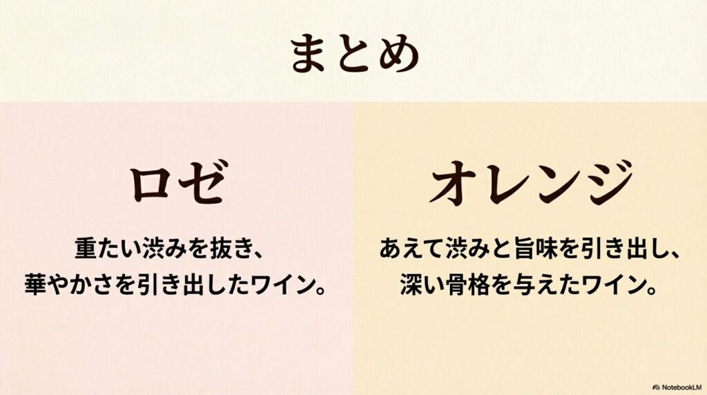 まとめ。ロゼは重たい渋みを抜き、華やかさを引き出したワイン。オレンジはあえて渋みと旨味を引き出し、深い骨格を与えたワイン。