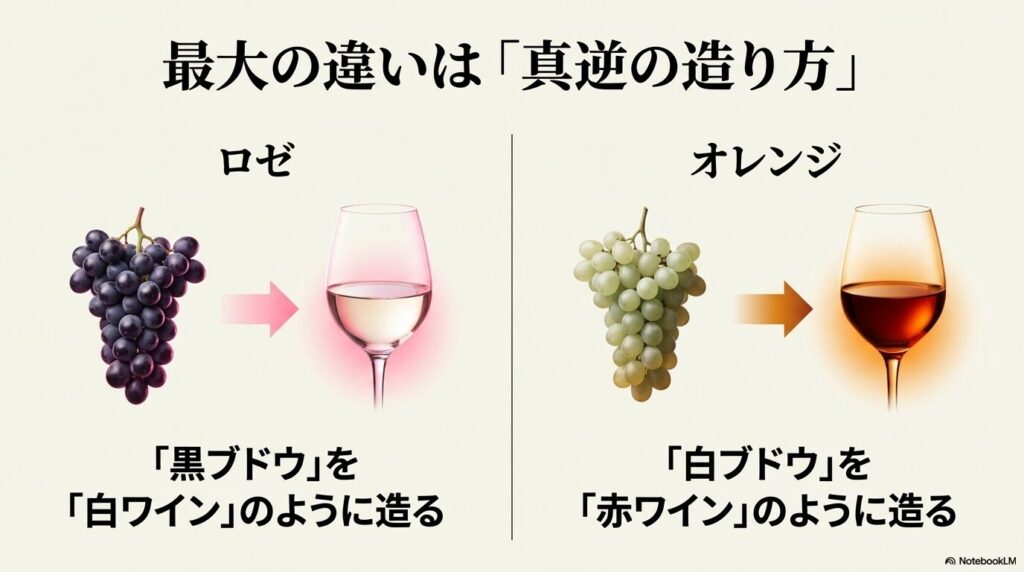最大の違いは「真逆の造り方」。ロゼは「黒ブドウ」を「白ワイン」のように造る。オレンジは「白ブドウ」を「赤ワイン」のように造る。