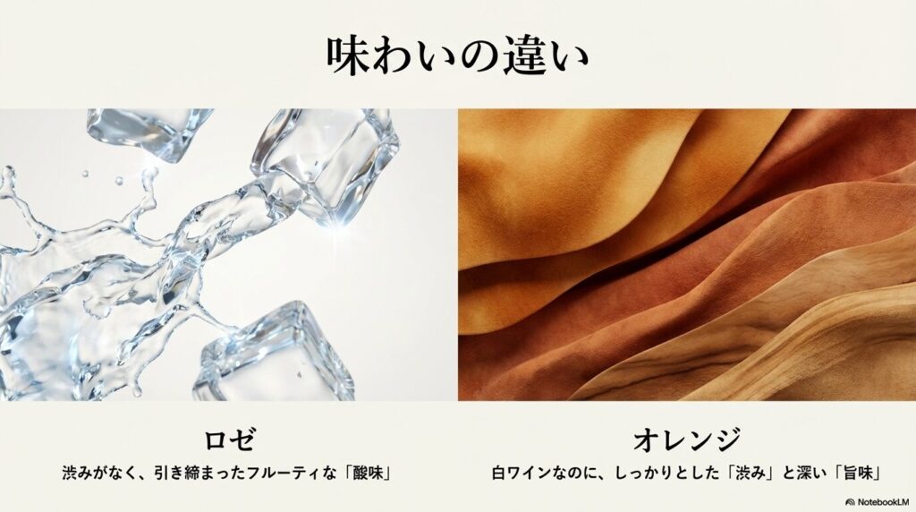 味わいの違い。ロゼは渋みがなく、引き締まったフルーティな「酸味」。オレンジは白ワインなのに、しっかりとした「渋み」と深い「旨味」。