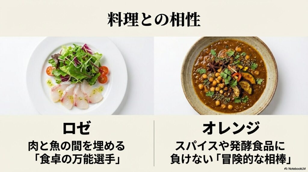 料理との相性。ロゼは肉と魚の間を埋める「食卓の万能選手」。オレンジはスパイスや発酵食品に負けない「冒険的な相棒」。