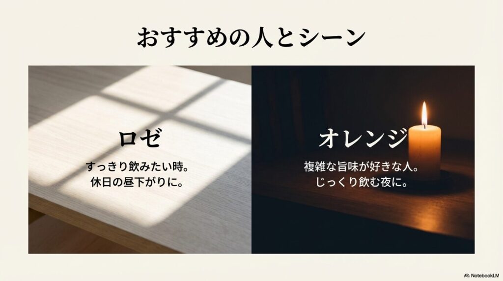 おすすめの人とシーン。ロゼはすっきり飲みたい時、休日の昼下がりに。オレンジは複雑な旨味が好きな人、じっくり飲む夜に。