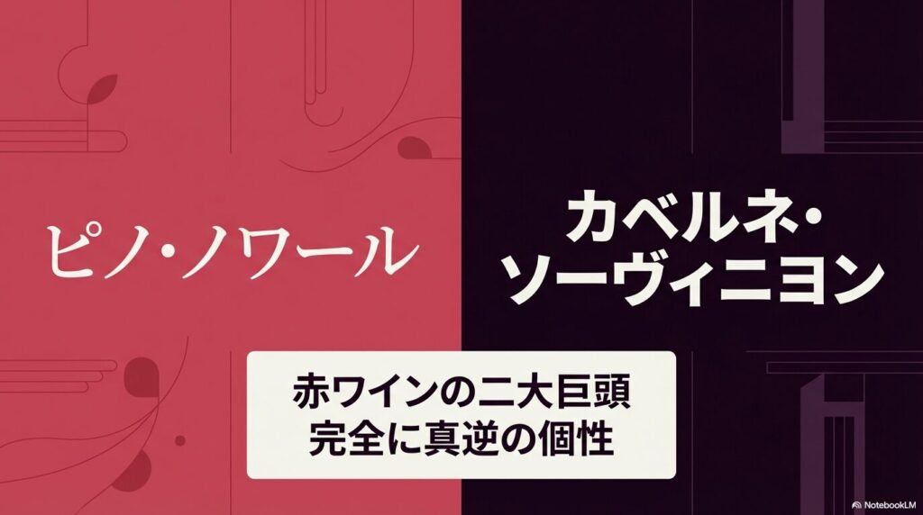 ピノ・ノワールとカベルネ・ソーヴィニヨン、完全に真逆の個性を持つ赤ワインの二大巨頭 。