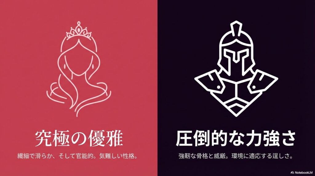 究極の優雅で気難しい性格のピノ・ノワールと、圧倒的な力強さと威厳を持つカベルネ・ソーヴィニヨン 。