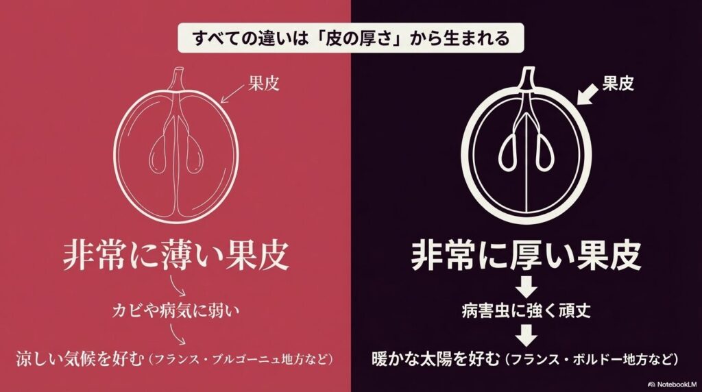 カビや病気に弱い非常に薄い果皮と、病害虫に強く頑丈な非常に厚い果皮の断面図 。