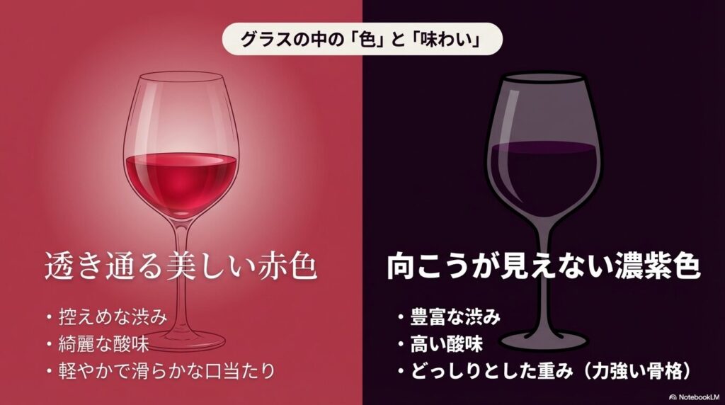 透き通る美しい赤色で軽やかな口当たりのワインと、向こうが見えない濃紫色でどっしりとした重みのワインの比較 。