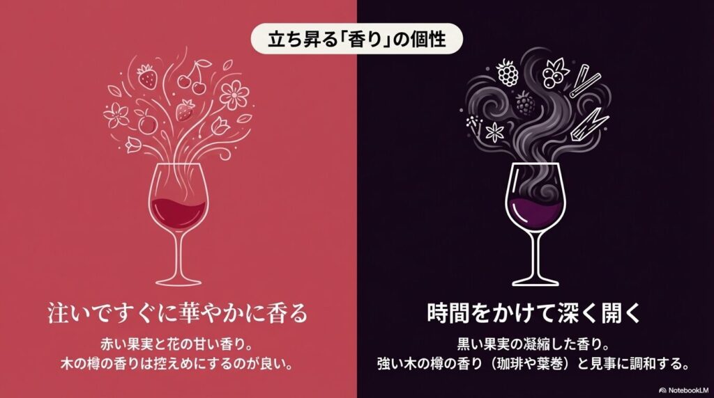 注いですぐに華やかに香る赤い果実と花の香り、時間をかけて深く開く黒い果実と樽の香り 。