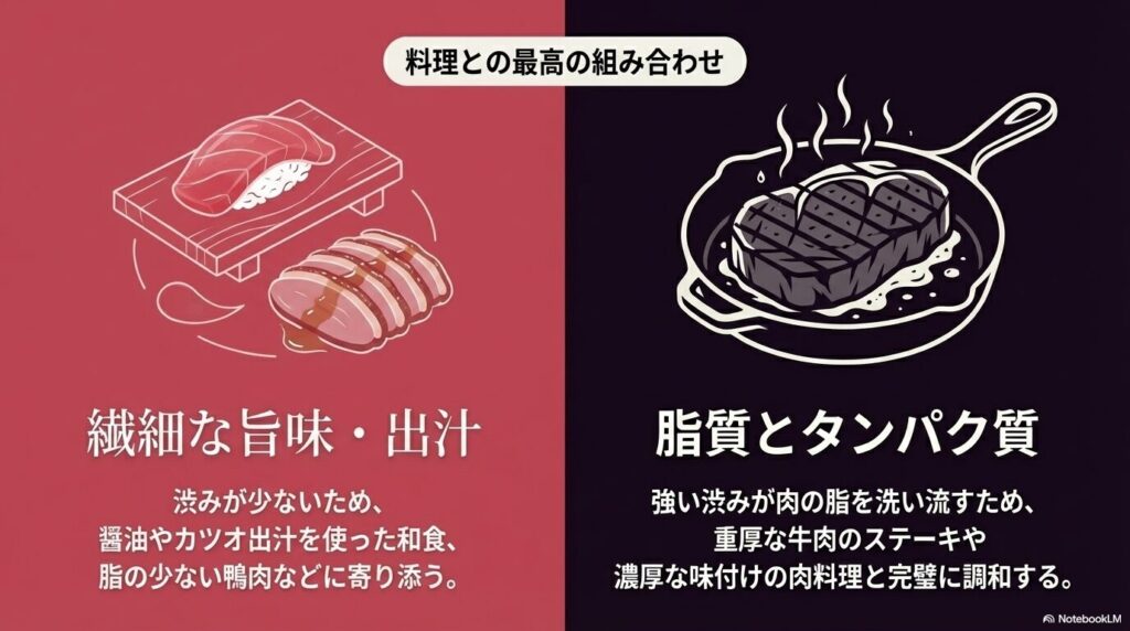 繊細な和食や鴨肉に寄り添うワインと、重厚な牛肉のステーキと調和するワインの組み合わせ 。