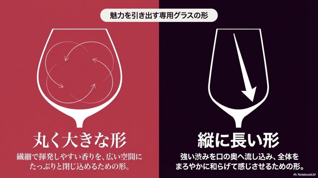 香りを閉じ込める丸く大きな形のグラスと、渋みを和らげる縦に長い形のグラス 。