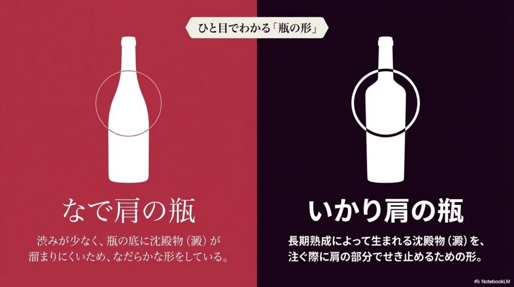澱が溜まりにくいなで肩の瓶と、注ぐ際に澱をせき止めるいかり肩の瓶 。