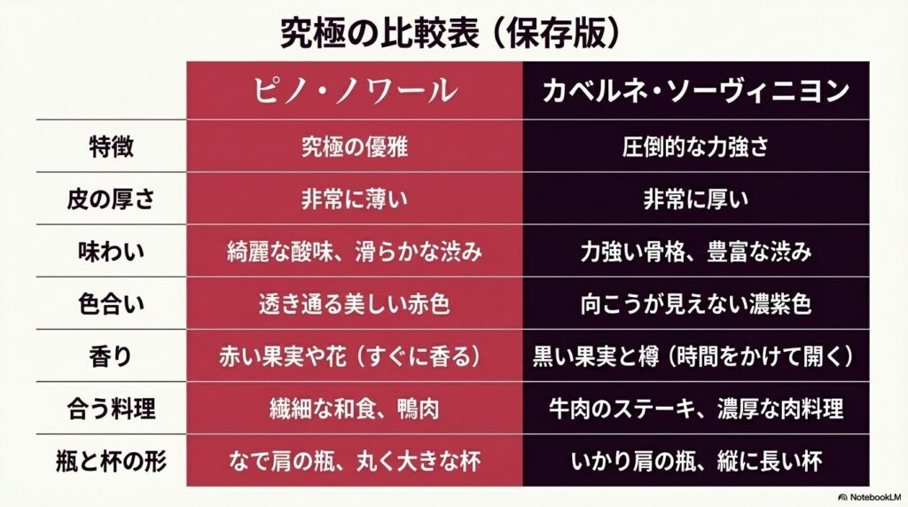 ピノ・ノワールとカベルネ・ソーヴィニヨンの特徴、味わい、色合い、香り、合う料理、瓶と杯の形をまとめた比較表 。