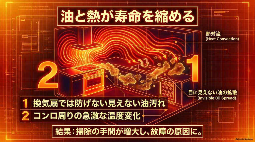 キッチンの油汚れや熱対流がワインセラーに与える悪影響を図解
