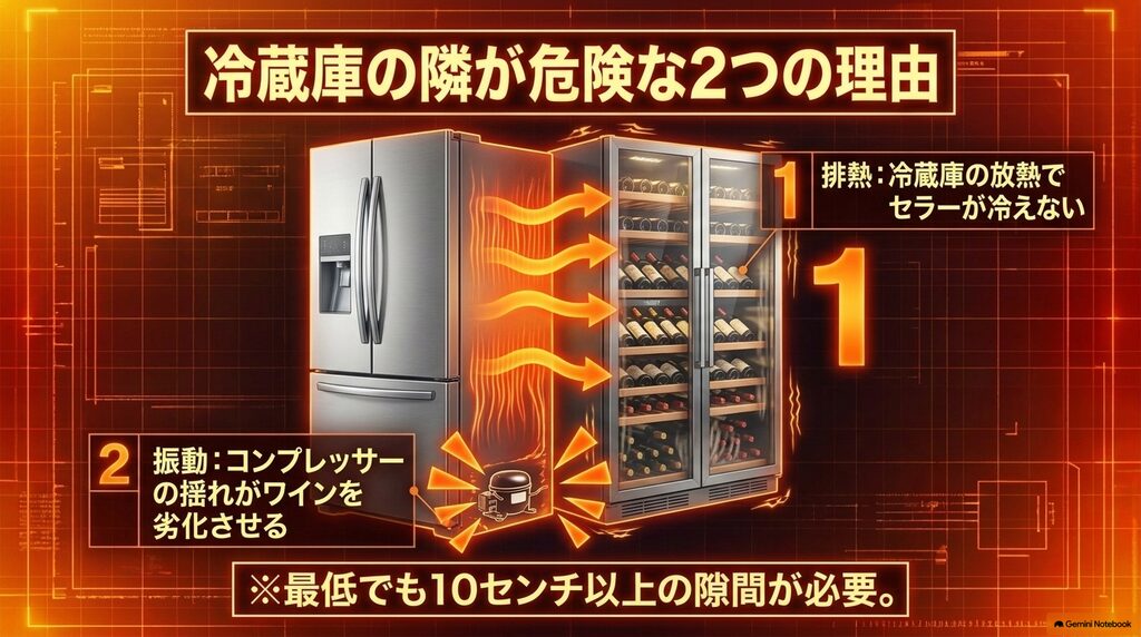 冷蔵庫の排熱と振動がワインセラーの冷却低下やワイン劣化を招く理由