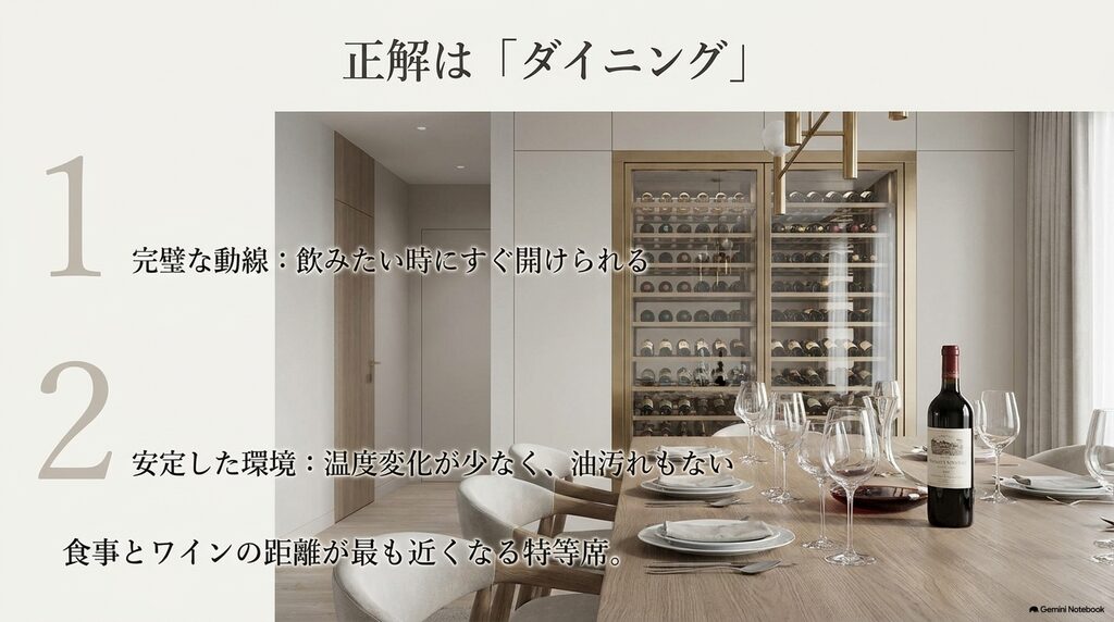 ワインセラーをダイニングに設置する動線と環境のメリット