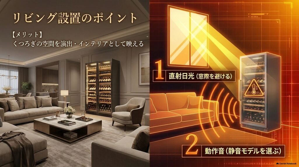 リビングにワインセラーを置くメリットと直射日光や動作音の注意点