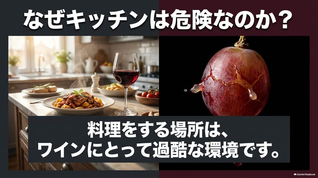 なぜワインセラーをキッチンに置くのは危険なのか?料理をする場所がワインにとって過酷な環境であることを示すスライド