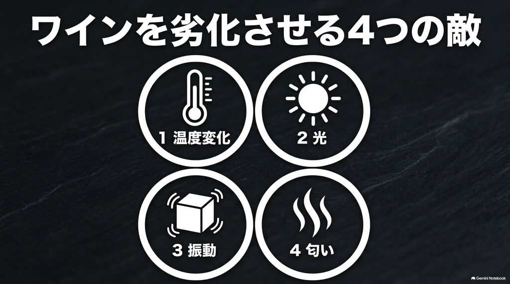 温度変化・光・振動・匂いという、ワインの品質を劣化させる4つの敵をまとめたスライド