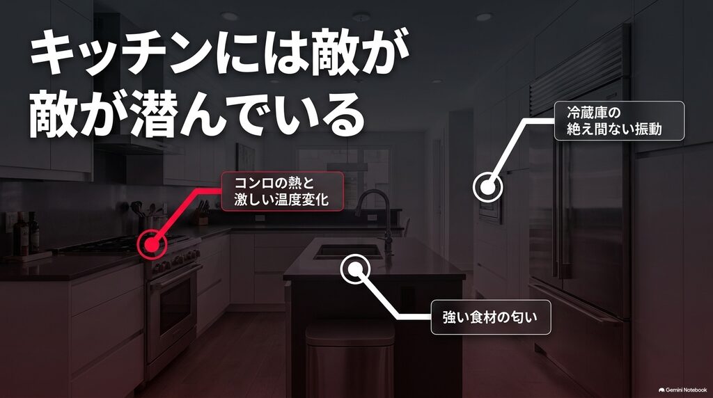 コンロの熱や激しい温度変化、冷蔵庫の絶え間ない振動、強い食材の匂いなど、キッチン内に潜むワインの敵を図解したスライド