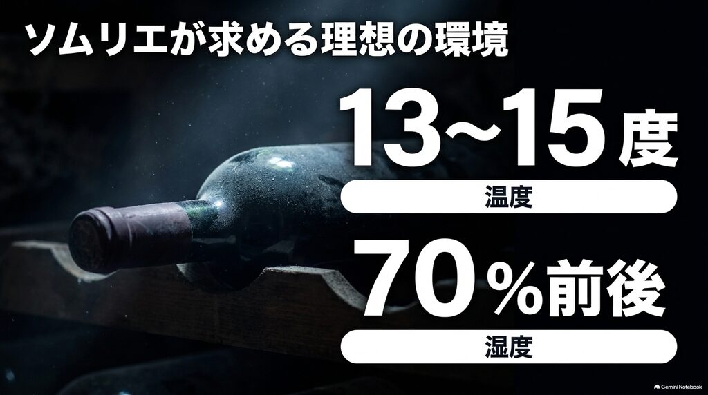 ソムリエが推奨するワイン保管の理想の環境として、温度13〜15度、湿度70%前後であることを示すスライド