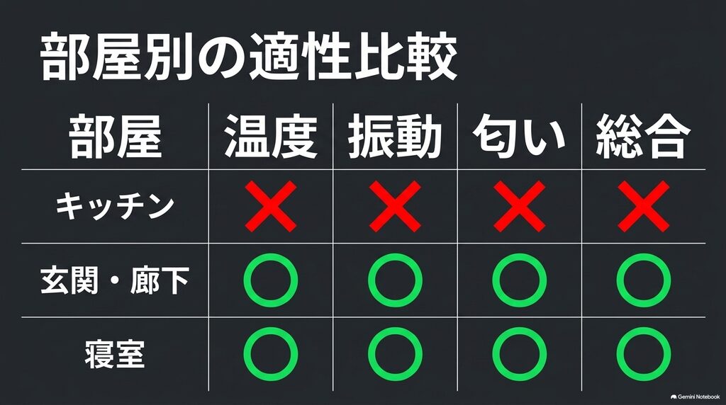 キッチン、玄関・廊下、寝室における、温度・振動・匂いの観点からワインセラーの設置適性を比較した表スライド