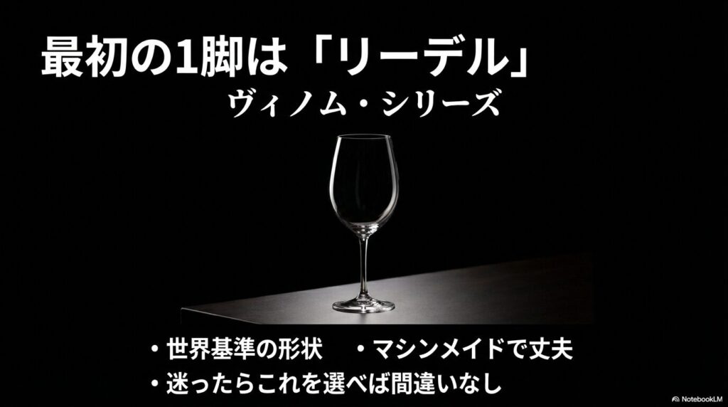 世界基準の形状と丈夫さを兼ね備えたリーデルのヴィノムを紹介するスライド 。