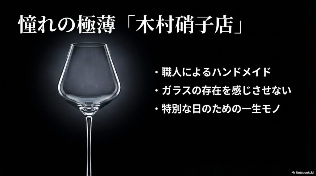 ガラスの存在を感じさせない極薄のハンドメイドグラスの魅力を伝えるスライド 。