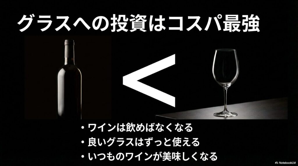 ワインは飲めばなくなるが、良いグラスはずっと使えていつものワインをおいしくするというコスパの良さを説明したスライド 。