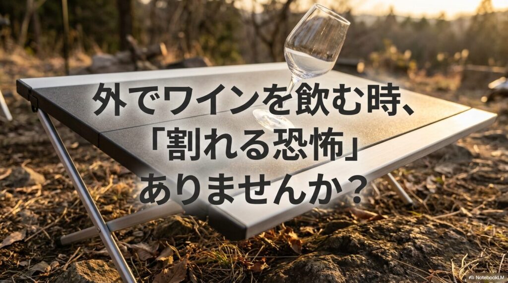 アウトドアでワインを楽しむ際に感じる、グラスを割ってしまう不安について問いかけるスライド。