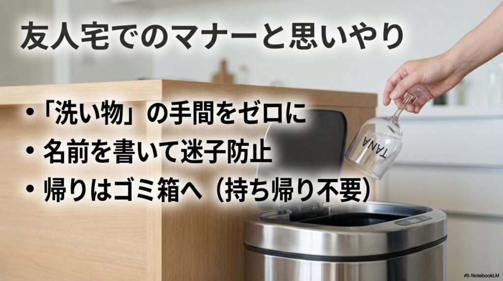 友人宅でのパーティーで、洗い物の手間をゼロにし、名前を書いて迷子防止にするなどの配慮を説明したスライド 。