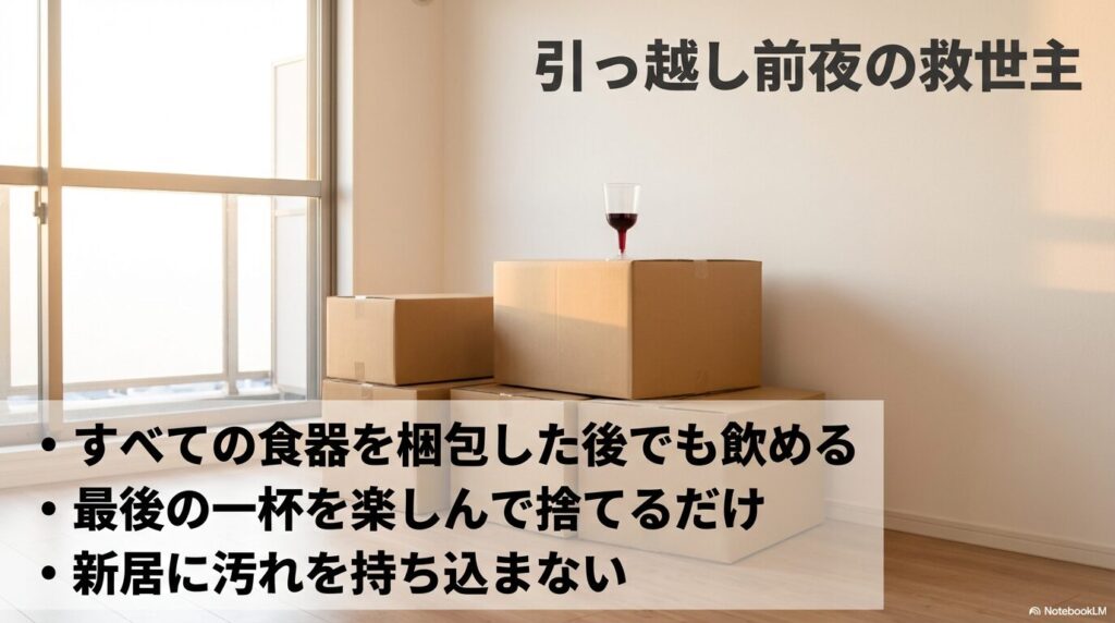 荷造り後でもワインを楽しめ、新居に汚れを持ち込まずに捨てられるメリットを紹介したスライド 。
