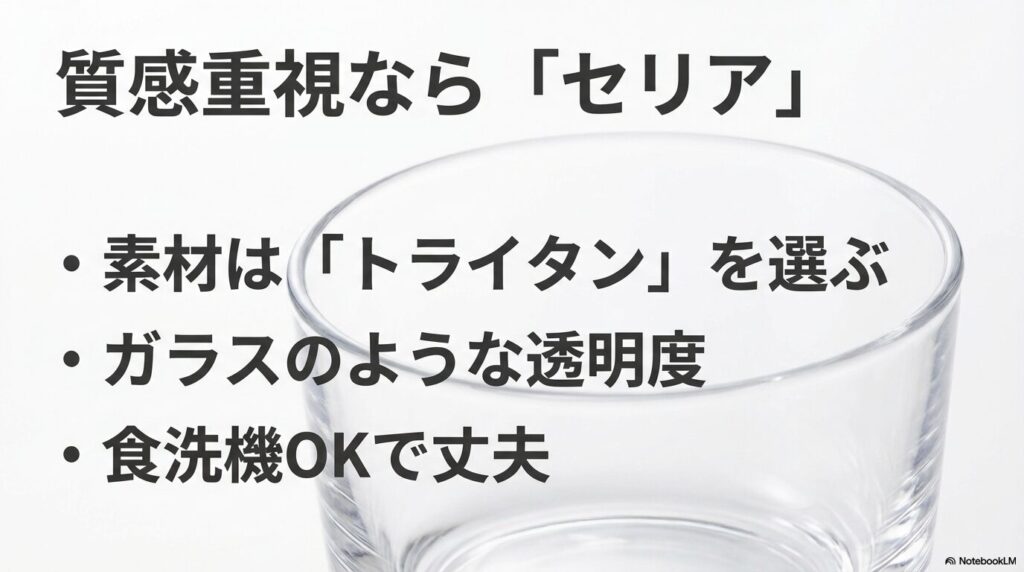 透明度が高く食洗機も使える高機能素材「トライタン」の魅力を紹介したスライド 。