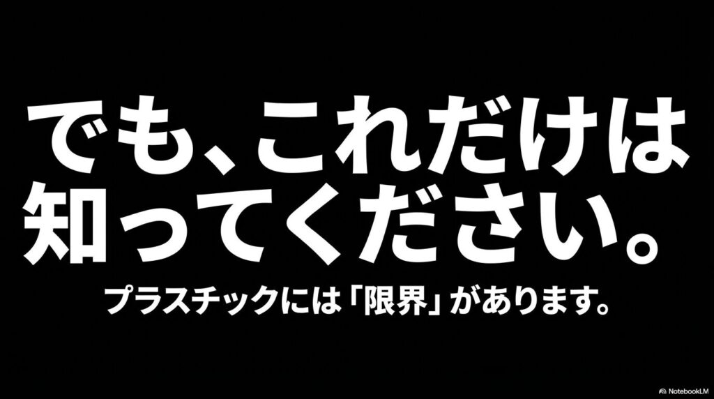 便利さの反面、ワインを楽しむ上でのプラスチック素材の限界を伝える橋渡し的なスライド。