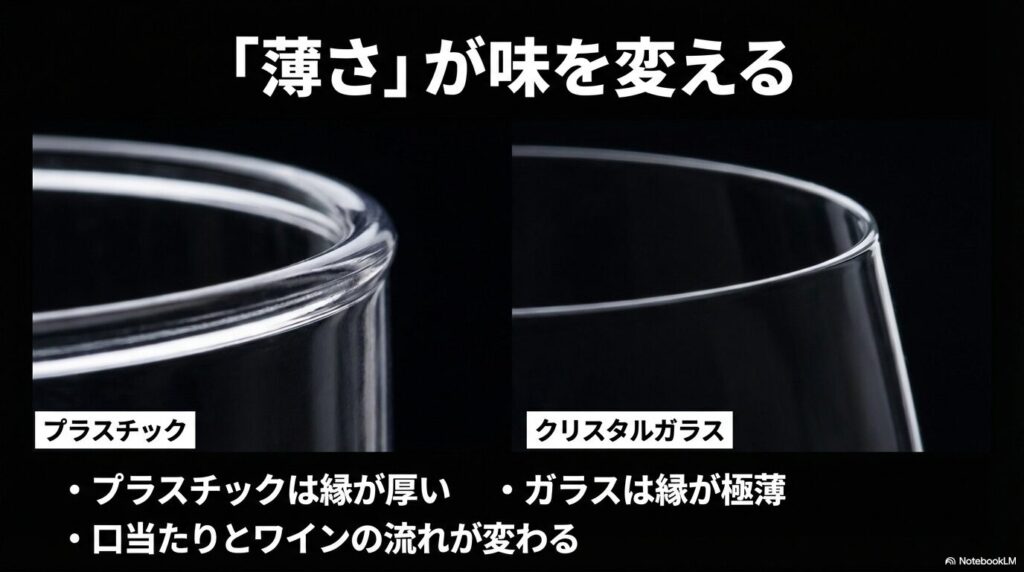 プラスチックの厚い縁とクリスタルガラスの極薄な縁を比較し、口当たりとワインの流れの違いを説明したスライド 。