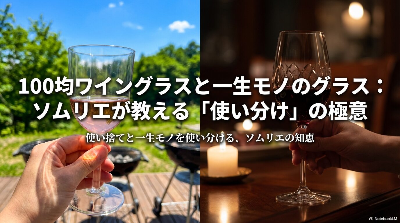 ソムリエが教える、100均の使い捨てグラスと一生モノのグラスを賢く使い分ける極意の表題スライド。