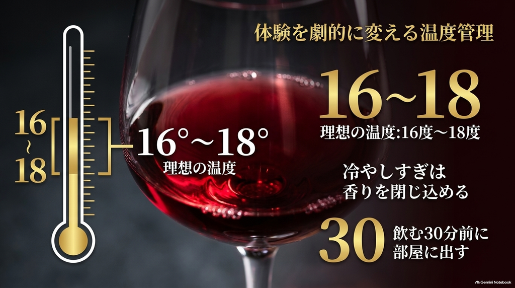 プピーユの理想の温度帯(16〜18度)と飲む前の温度管理のコツを解説するスライド