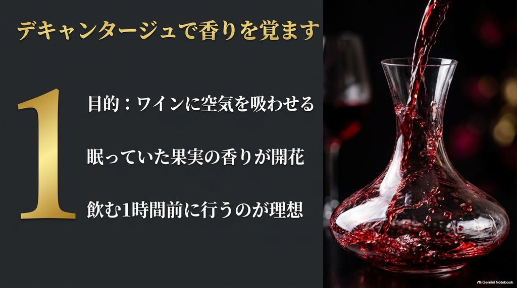 プピーユの果実の香りを引き出すデキャンタージュの目的と理想的な時間を解説するスライド
