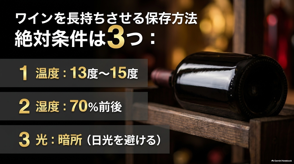 ワインを長持ちさせるための温度・湿度・光の3つの絶対条件をまとめたスライド
