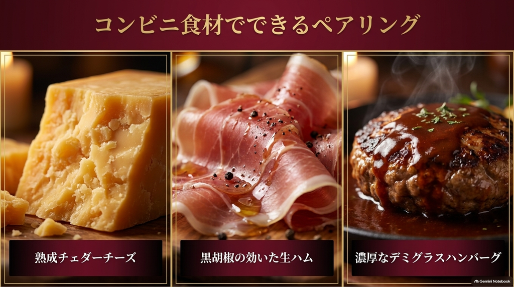 熟成チェダーチーズや生ハム等コンビニ食材とのペアリング例