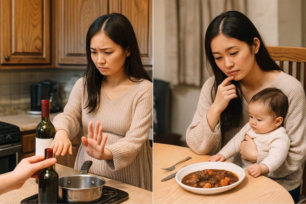 妊婦がワインを止める場面と赤ちゃんを抱いて料理を見る母親