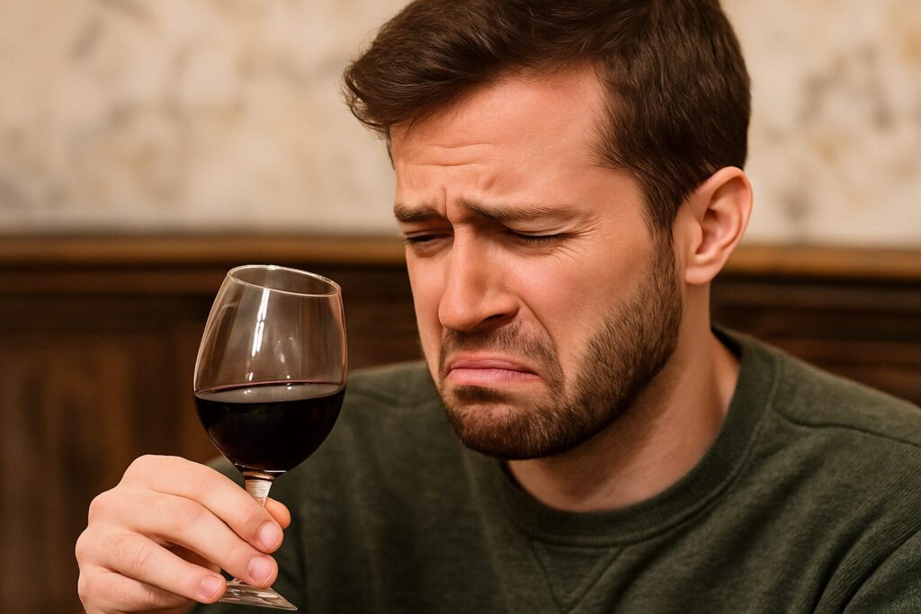 赤ワインを飲んで不快な表情をする男性