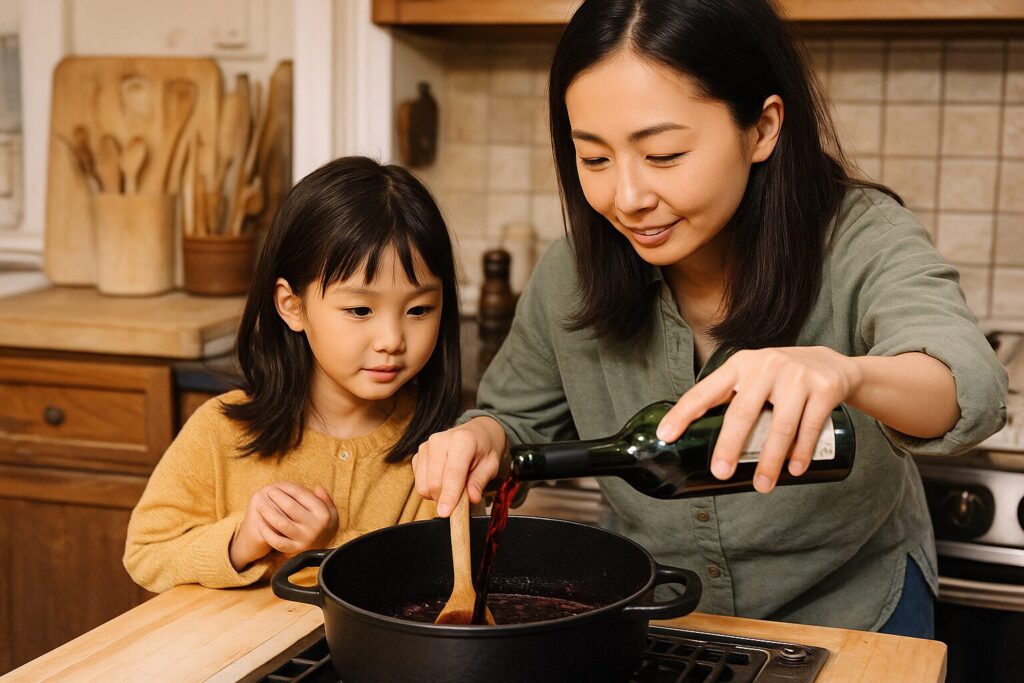 母親と子供が赤ワイン煮込みを作る様子