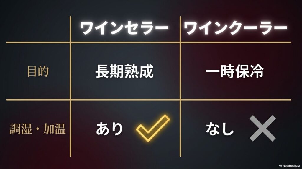 ワインセラーとワインクーラーの機能的な違い(調湿・加温機能の有無)