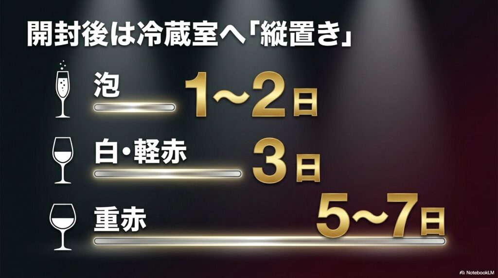 ワイン開封後の冷蔵室での縦置き保管と美味しく飲める日数の目安