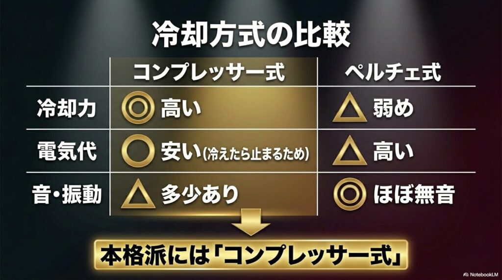 ワインセラーの冷却方式比較(コンプレッサー式とペルチェ式)