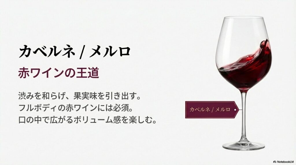 渋みを和らげ果実味を引き出すフルボディ赤ワインに必須のボルドー型グラス