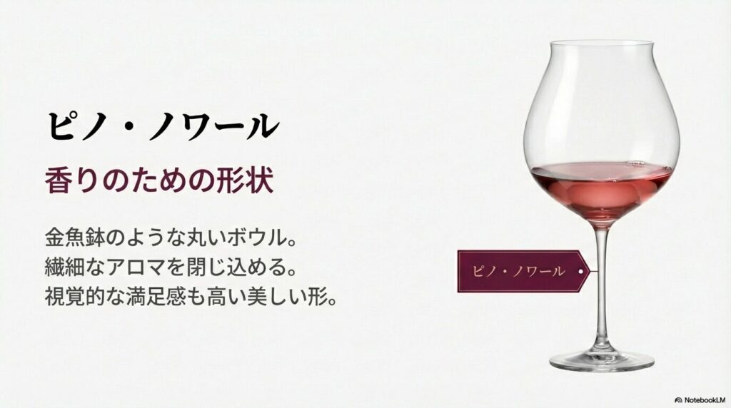 繊細なアロマを閉じ込める金魚鉢のような形状のブルゴーニュ型グラス