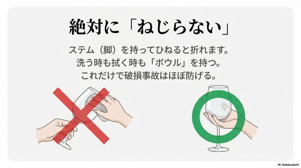 ステム(脚)をねじらずボウルを持って洗う・拭くための破損防止ガイド