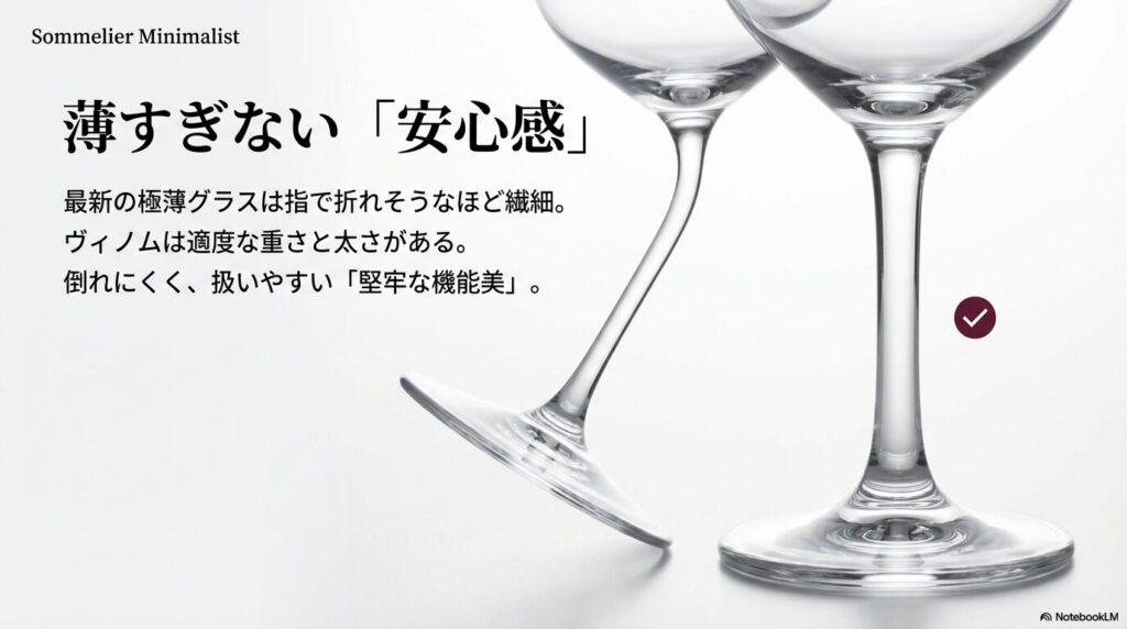 最新の極薄グラスと比較したヴィノムの適度な重さと安定感の説明