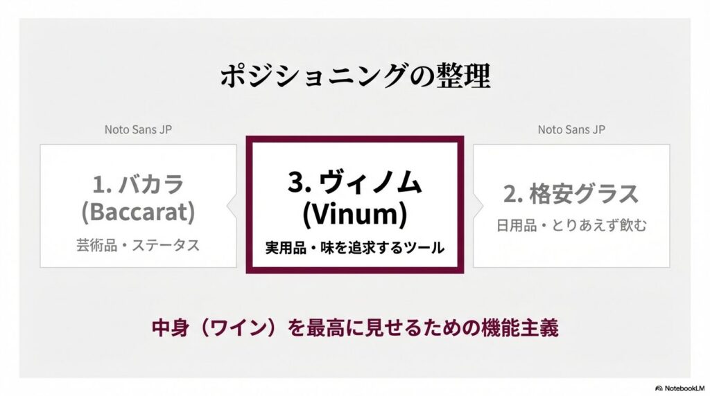 バカラ、ヴィノム、格安グラスの実用性と芸術性のポジショニングマップ