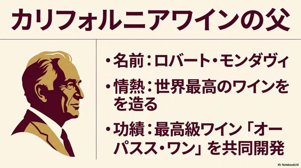 カリフォルニアワインの父と呼ばれるロバート・モンダヴィの横顔イラストと 、世界最高のワインを造る情熱やオーパス・ワンを共同開発した功績の紹介