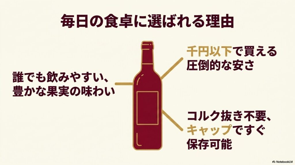 毎日の食卓に選ばれる理由として 、豊かな果実の味わい 、千円以下で買える安さ 、キャップですぐ保存可能な点を挙げたスライド